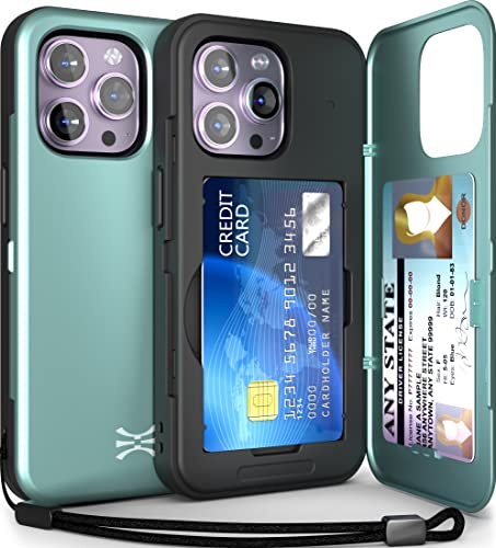 TORU for iPhone 14 Pro Wallet Case with Card Holder, Hidden ID Credit Card Slot Flip Kickstand, Slim Fit Shockproof Heavy Duty Phone Cover with Strap - Green