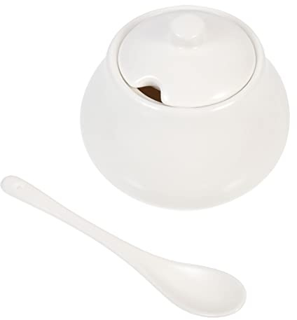 PAREKS Azucarero de cerámica con tapa y cuchara, tarro de condimentos de porcelana de hueso blanco, caja de condimentos de porcelana, cuenco de sal para leche, sal, café, té