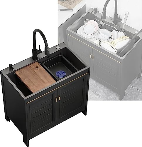 Spüle Schwarz mit Unterschrank, Edelstahl Spülbecken, Spülenschrank mit Armatur, Waschbecken für Küche, Camping- und Outdoor-Wäsche, mit Ausziehbarem Wasserhahn und Zubehör, für Garten (Color:}