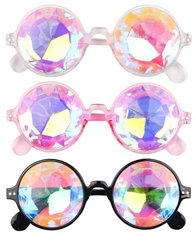 Lezevn 3 Stück Kaleidoskop Brille Regenbogen Prisma Sonnenbrille Brille Halloween Rave Party Beugung
