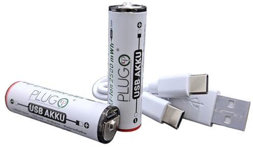 PLUGO | USB Akku | 1,5V AA Lithium Batterie | mit 2in1 USB TYP-C Ladekabel | 2600mWh | 2 Stück
