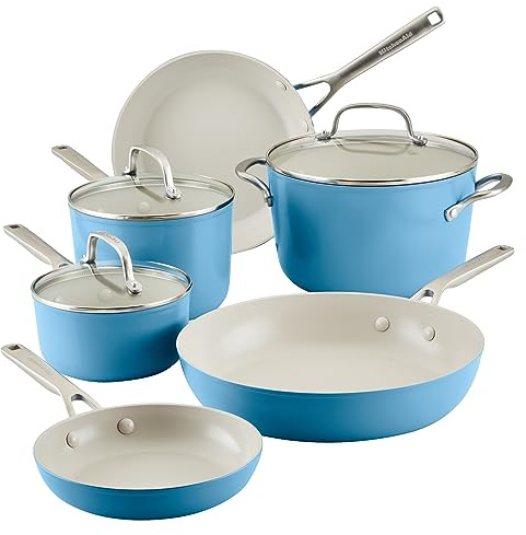 KitchenAid Harteloxierte Keramik-Kochgeschirr-Set, antihaftbeschichtet, Töpfe und Pfannen, 9-teilig, blauer Samt