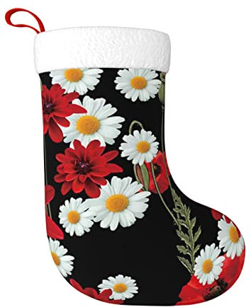 TRESILA Personalisierbarer Weihnachtsstrumpf Nikolausstrümpfe, Geschenktüten, Süßigkeitenbeutel, Weihnachtsbaum zum Aufhängen für Weihnachten, Feiertagsparty – rote Blume und weiße Gänseblümchen