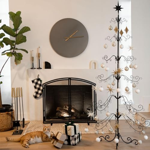 Barton 6.4ft Christmas Metal Ornament Tree Stand - Features Hooks for Ornaments Small Craft Items Wrought Iron Ornament Display Easy Assembly, Black