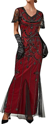 Gatsby Kleid Damen, Abendkleid 1920er Jahre Sommerkleid Damen Vintage Great Gatsby Party Kleid Flapper Pailletten Abendkleid Cocktailkleid Ballkied Damen 1920s Pailletten Kleid V-Ausschnitt Knielang