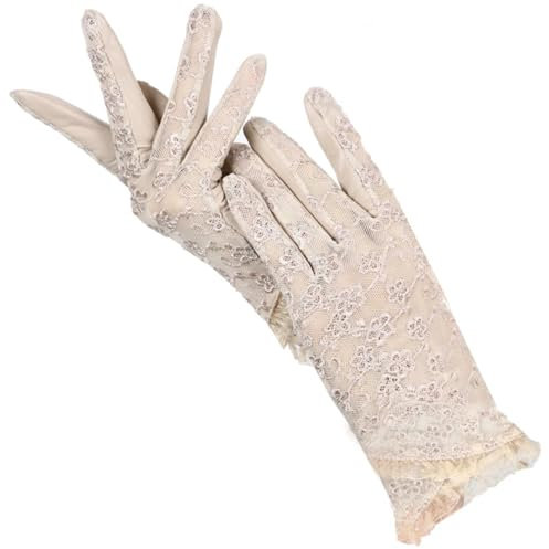 Modische Schaffell-Spitzenhandschuhe für Damen, Lederhandschuhe, Stickerei, Lederhandschuhe, Damen, beige, 6.5