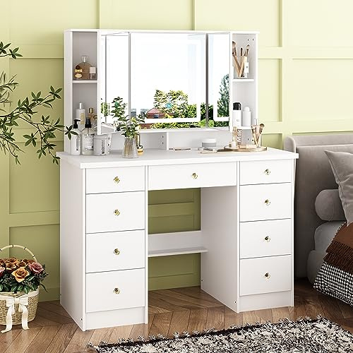PREMTURE Schminktisch mit LED-Beleuchtung, Schminktisch mit 3 Spiegeln, 9 Schubladen, Schminktische, Frisiertisch mit 5 Regale, Großer Stauraum, MDF, 50 x 110 x 137 cm, weiß