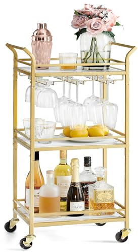 VASAGLE Barwagen, Home Bar Servierwagen, Kleiner Barwagen mit 3 Ebenen Regal, Weinhalter, Glashalter, Mini Barwagen für kleine Räume, Küche, Esszimmer, Wohnzimmer, Blassgold