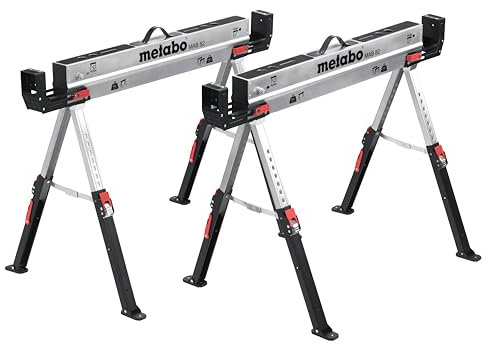 metabo MAB 82 - Cavalletto da lavoro compatto pieghevole con maniglia per il trasporto, gambe regolabili, superficie zincata verniciata a polvere