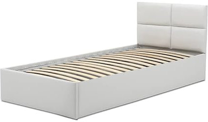 Mebligo - Polsterbett Kunstleder 90x200 mit Bettkasten, Bettgestell, Einzelbett mit Lattenrost, Jugendbett mit Kopfteil, Stauraumbett Monos, Bett Ohne Matratze - Weiß