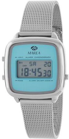 Marea B35363/3 Damenuhr, digital, LCD, Blau, silberfarbenes Metallgehäuse, Armband aus Stahl, 3 ATM, blau, Modern