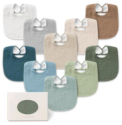 Konssy 10-Pack Muslin Baby Bibs, Soft Cotton Bandana Bibs for Drooling & Teething, Unisex Solid Colors for Boys & Girls, Newborn & Infant