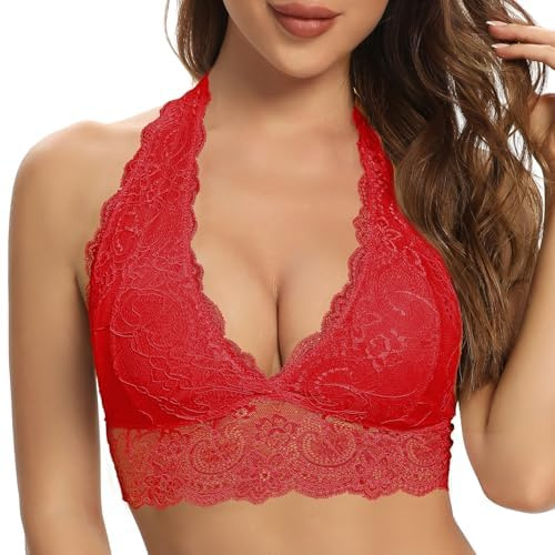SHEKINI Sujetador con cuello halter Bralette para mujer, encaje floral, sujetador triangular, sin aros, extraíble, acolchado, sujetador con escote profundo, corsé top sexy ropa interior, rojo, XS