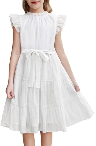 Arshiner Mädchen Kleid Weiß Sommerkleid Festlicheskleid Hochzeit Kleider Formelle Kinderkleid Einschulungskleid Abendkleid Kinder Freizeitkleid Blumenmädchenkleider mit Gürtel 10-11 Jahre