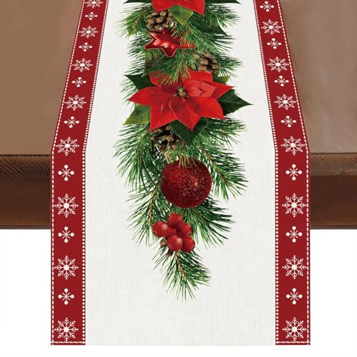 TELAIN Weihnachts-Tischläufer mit Aquarell-Stechpalme und Roten Weihnachtssternen, Schneeflocken Design, Winterfestliche Deko für Zuhause, Küche,13 x 91 inch