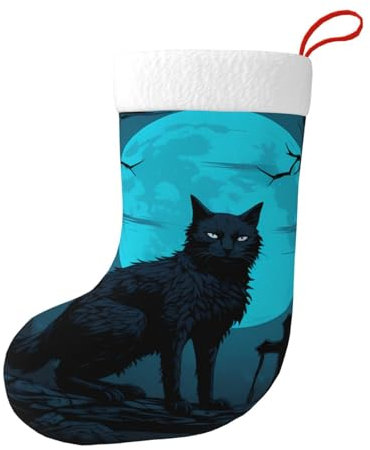 WHJYYXDE Dekorativer Weihnachtsstrumpf – perfekt zum Dekorieren von Büros, Bäumen, Kaminen, Katzen im Mondschein-Druck
