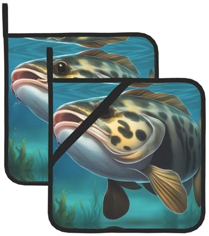 WHJYYXDE Set di 2 presine da cucina, 20,3 x 20,3 cm, isolamento termico, tessuto impermeabile subacqueo stampato con pesce gatto