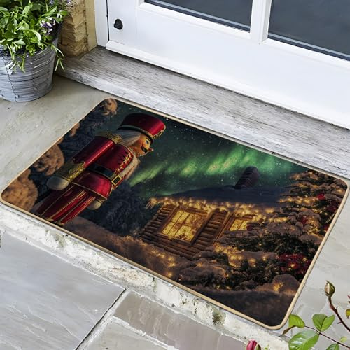 Tapete de puerta de cascanueces, felpudo rojo de invierno para decoración de entrada interior y exterior, de goma, lavable, antideslizante, para camino delantero de Navidad, 73 x 43 cm