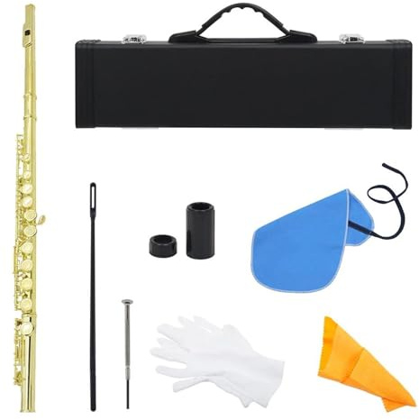 Querflöte Neusilberflöte Mit 16 Geschlossenen Löchern C-Taste Konzertflöte Querflöte Holzblasinstrument Mit Box-Zubehör(Gold)