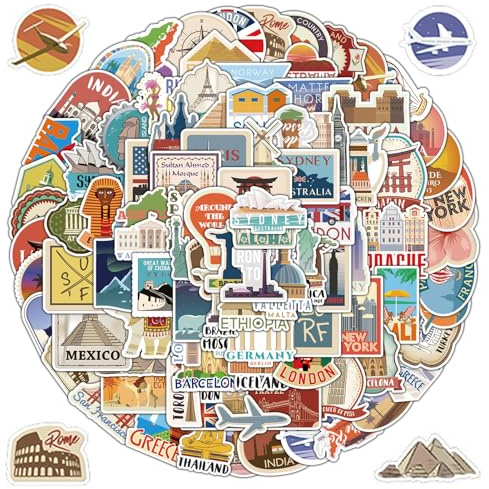 Welt Reise Sticker,100 PCS Sticker Reisen,Koffer Aufkleber | Berühmte Symbole Sehenswürdigkeiten Travel Wasserfest Vintage Reise Aufkleber Set für Koffer Auto Fahrrad Laptop Helm