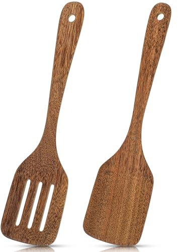 2Pcs Wooden Spatula for Cooking 12 Inches Wood Spatula Slotted Turner Wood Solid Turner Cooking Utensils for Nonstick Cookware Kitchen Spatulas Frying Spatulas for Fish Egg Pancake Mixing Pan Wok