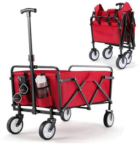 LIFERUN Carro Plegable, Carro de Jardín con Mango Ajustable, Bolsillos Laterales, Ruedas Todo Terreno, Capacidad de 60 kg, Carrito de Playa para Exteriores, Camping, Playa, Picnic, Compras (Rojo)
