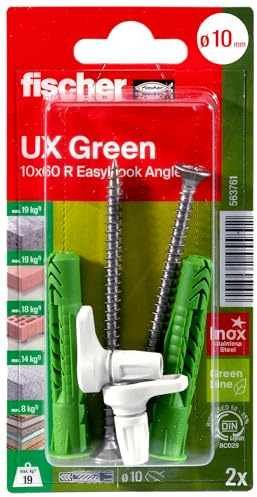 fischer Universaldübel UX Green 10 x 60 R EasyHook Angle, nachhaltige Allzweckdübel mit Rand für optimalen Halt in unterschiedlichen Baustoffen, mit Edelstahlschrauben A2 und Winkelhaken, 2 Stück