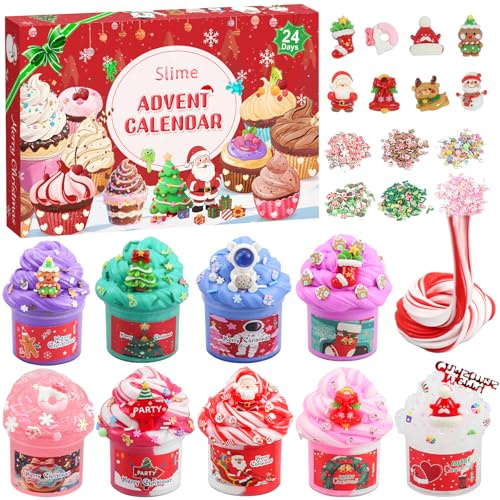 Schleim Adventskalender 2025 für Kinder,24-Tage-Countdown Slime Weihnachtskalender Kinder,12 Stück Weihnachten Überraschungen Geschenk Schleim Kit für 3 4 5 6 7 8 9 10 11 Jahre Jungen Mädchen (Red)