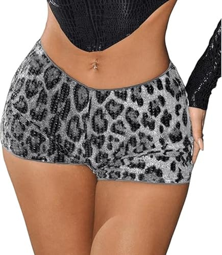 Womens Sequin Shorts Y2k Leopard Printed Sexy Rave Dance Micro Hot Pants Clubwear Gray XL