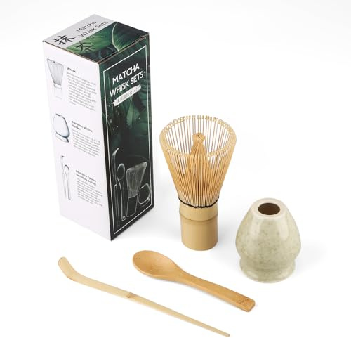 Set med 4 traditionella matchvispar, matchavisp (chasen), matchasked (Chashaku)