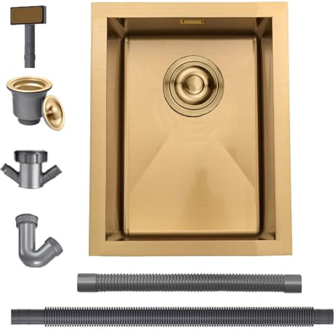 BoomHoze Fregadero Cocina 30 x 40 cm, Fregadero Acero Inoxidable, Oro | Fregadero Compatible Instalación sobre, bajo y a fleur de Encimera, Incluye Rebosadero y Cesta Filtro