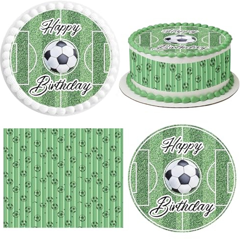 Decoracion Tarta Futbol,1 Oblea Comestible Fútbol Ø 20 cm,4 piezas Cinta | para tartas comestible 24cm x 5cm,Decoración Tartas de Cumpleaños Infantiles,Cumpleaños Infantiles Oblea (Verde-ZQ-B)