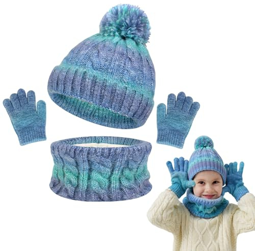 JinBei Conjunto de Gorro y Bufanda y Guantes para Niños, 3 in1 Térmico Cálido Invierno Beanie Forro Polar Braga Cuello Gorros con Pompon Punto Set Niña Niño Regalo 3-10 Años, Azul verdoso