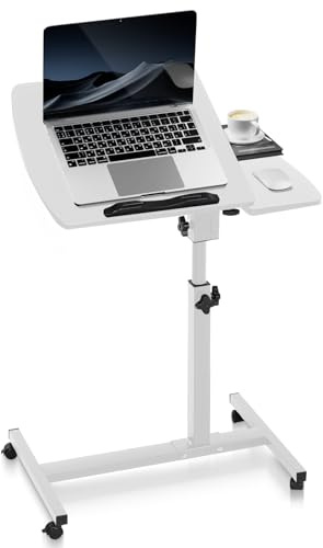 Warmiehomy Höhenverstellbarer Roll-Laptop-Schreibtisch, Überbetttisch mit 2 neigbaren Desktops, mobiler Stehpult Sofa Beistelltisch für Zuhause, Büro, Krankenhaus, Weiß