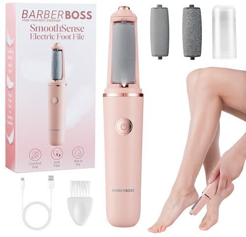 BarberBoss Râpe électrique pour les pieds, kit de pédicure rechargeable, têtes de rouleau fines et épaisses, chargement USB, capuchon de protection (Rose)
