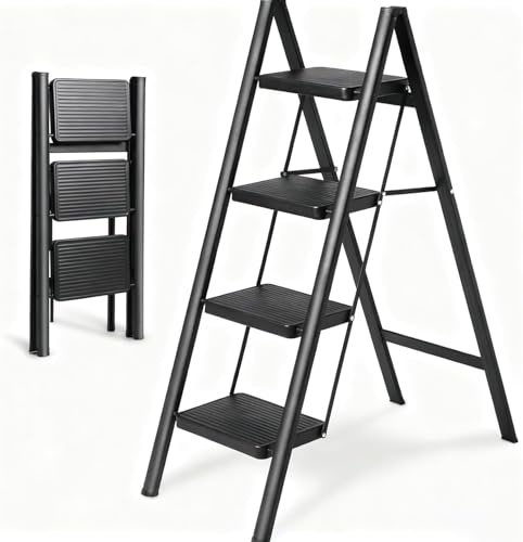 Victoam Tritthocker Klappbar, 4 Stufen Leiter mit sicherem Stand, verbreitertem Pedal, Alu Klappleiter Multifunktionale Tritthocker bis 150kg Belastbar für Küchen Haushalt Außen Büro, Schwarz