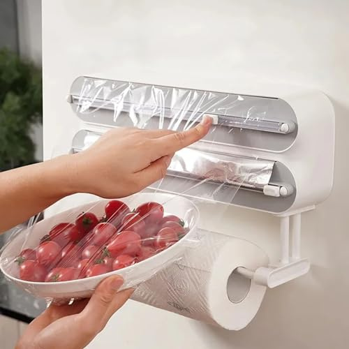 Magnetic Cling Film & Tin Foil Dispenser with Cutter - Refillable Wall Mount Plastic Wrap Dispenser Box for Kitchen Accessory