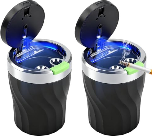 2PCS Car Ashtray with Luminous Opening Button, Portable Ashtray with Lid Smell Proof, Automatic LED Light, Sealed, Flame Retardant, High Temperature Resistant, Detachable, Large Capacity
