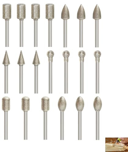 20 Pcs Diamond Grinding Bits, Diamond Burr Bits Set for Dremel with 3mm Shank, Rotary Tool for Grinding Carving Polishing and Engraving on Stone Glass Ceramics Marble Jade and DIY Craft Projects