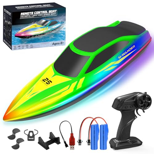 WUQNGI Barca Telecomandata Professionale con Telecomando 2.4GHz, Motoscafo Radiocomandato LED per Bambini e Adulti, RC Boat Barchetta Alta Velocità, 2 Batterie per 120 Min, Regalo per Piscine e Laghi