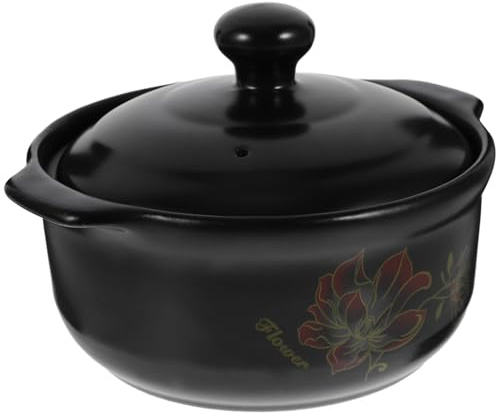 BESPORTBLE Olla de Cerámica para Sopa 1.6l Tapa Negra, Resistente a Altas Temperaturas para Cocina a Gas, Cazuela Gruesa Adecuado para Guisos y Estofados en Hogar y Restaurante