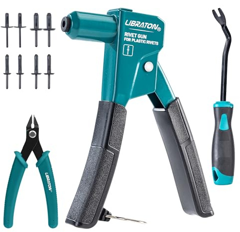 LIBRATON Plastic Rivet Gun Kit with Fastener Remover & Flush Cutter | 90 Degree Angle with 40Pcs Nylon Rivets (4 Sizes), Universal Nosepiece, Automotive/Electronics, Ergonomic, 50% Lighter Force