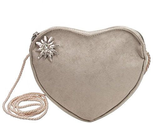 Alpenflüstern Herztasche Strass-Edelweiß - Damen Trachtentasche in Herzform, Schultertasche fürs Dirndl, Herz Handtasche zur Tracht, Dirndltasche (taupe-grau) DTA066
