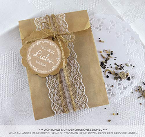 Blütensamen Tüten Set 24 Sticker LASST UNSERE LIEBE WACHSEN NATUR KRAFTPAPIER LOOK 4 cm matt rund + 24 Flachbeutel braun 130 x 95 + 16 mm Hochzeit Taufe Blüten Samen Gastgeschenke Geburtstag