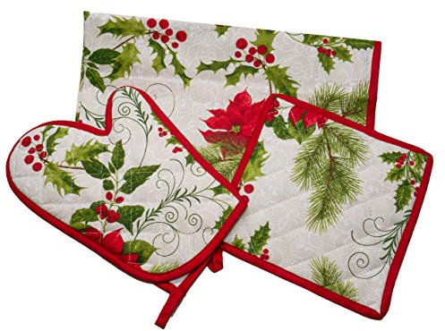 PREZIOSA HOME Set 3 Pezzi,Guanto Forno, presina, strofinaccio, Idea Regalo, Natalizio, Stella di Natale, Alta Resistenza al Cotone