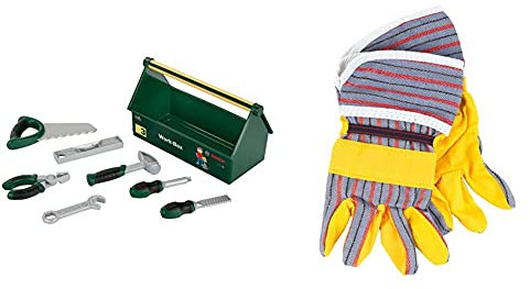 Theo Klein 8573 Bosch Werkzeug-Box I 7-teiliges Werkzeug-Set I Stabile Box mit Tragegriff 30,25 x 14 x 17,25 cm & Bosch Arbeitshandschuhe I Hochwertige Handschuhe in Einheitsgröße 10 x 1 x 19 cm