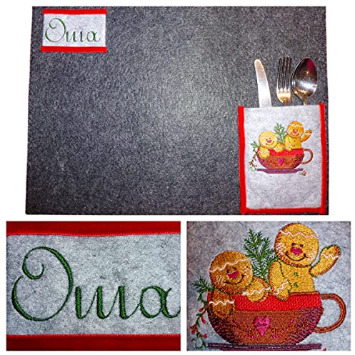 Filz Platzmatten Tischset Weihnachten inkl. Name + Bestecktasche bestickt personalisiert