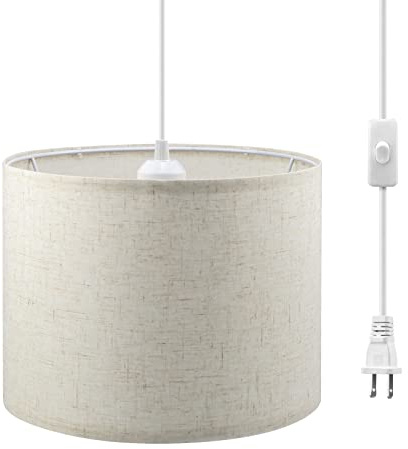 KUAUGST Plug in Pendant Light, 15 FT Hanging Lamp with Plug in Cord, On/Off Switch, Pendant Lighting with Fabric Shade, Hanging Light Fixture for Living Room, Bedroom, Dining Room, Kitchen (Beige)