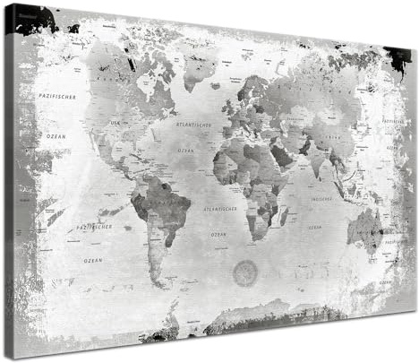 Stilvolle Pinnwand Weltkarte - Retro Hellgrau - Deutsch in 80 x 60 cm, stabile Rückwand zum Pinnen inkl. Starterkit - Leinwand-Kunstdruck Wandbild Landkarte XXL