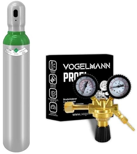 Gasflasche Argon 4.8 gefüllt 8L 1,5m3 mit Regler Profi Vogelmann, Reglerkit Argon/CO2, Gasflasche Kit mit Regler, Gaszylinder
